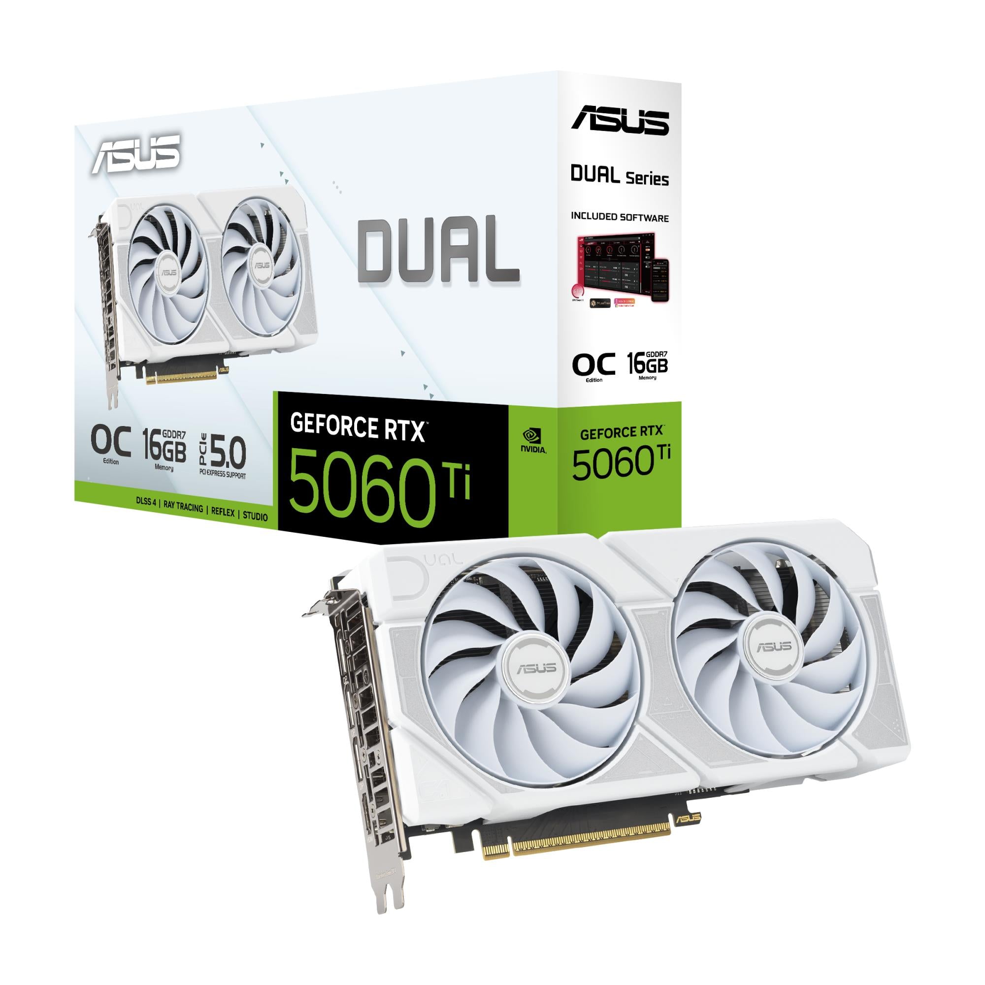Graphics Card ASUS NVIDIA GeForce RTX 5060 Ti 16 GB GDDR7 128 bit PCIE 5.0 16x Dual Slot Fansink DUAL-RTX5060TI-O16G-WHITE