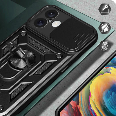 Hybrid Armor Camshield iPhone 16 Armored Case with Camera Cover and Stand - Black — Hurtel