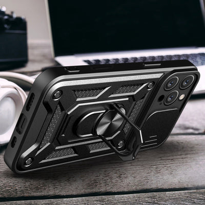 Hybrid Armor Camshield iPhone 16 Pro Max Armored Case with Camera Cover and Stand - Black — Hurtel