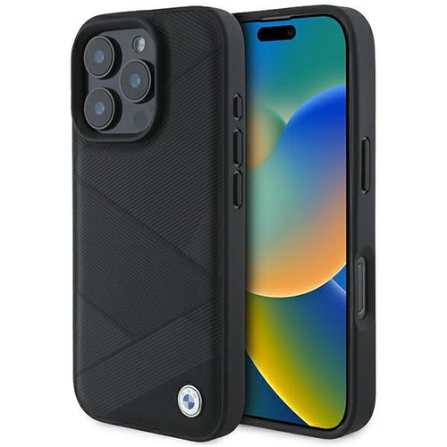 BMW Signature Leather Crossing Lines Pattern iPhone 16 Pro Case - Black
