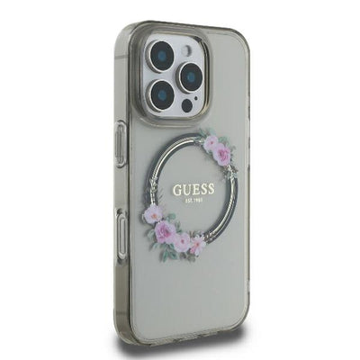 Guess IML Flowers Wreath MagSafe Case for iPhone 16 Pro - Black