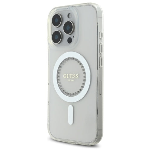 Guess IML Rhinestones MagSafe Case for iPhone 16 Pro - White