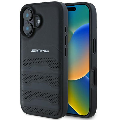 AMG Leather Debossed Lines Black Logo iPhone 16 Case - Black — Mercedes