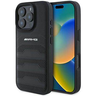 AMG Leather Debossed Lines Black Logo iPhone 16 Pro Max Case - Black — Mercedes