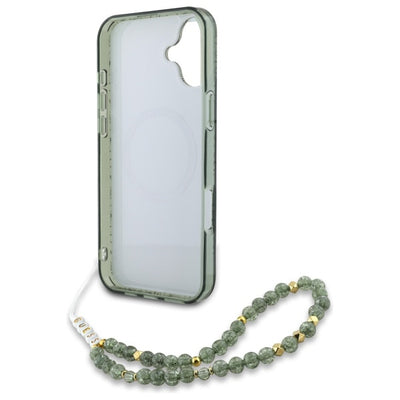 Guess IML Flowers Allover Electro With Pearl Strap MagSafe case for iPhone 16 - green