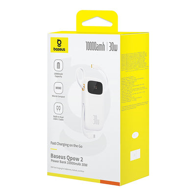 Baseus QPow 2 30W 10000mAh Power Bank with Built-in USB-C Cables - White