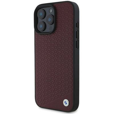 BMW Sign Leather Diamond Metal Logo MagSafe Case for iPhone 16 Pro Max - Red