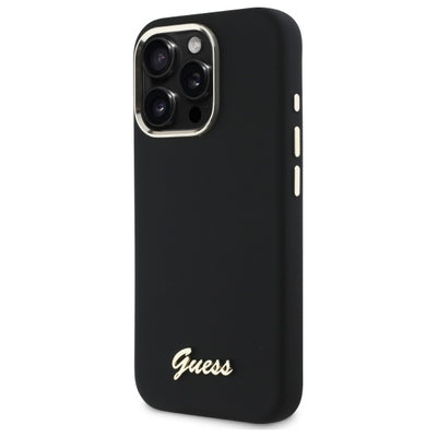 Guess Silicone Script Metal Logo & Frame Case for iPhone 16 Pro - Black