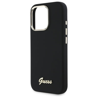 Guess Silicone Script Metal Logo & Frame Case for iPhone 16 Pro - Black