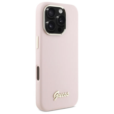 Guess Silicone Script Metal Logo & Frame iPhone 16 Pro Case - Pink
