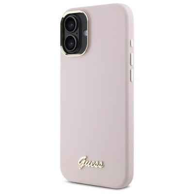 Guess Silicone Script Metal Logo & Frame iPhone 16 Plus Case - Pink