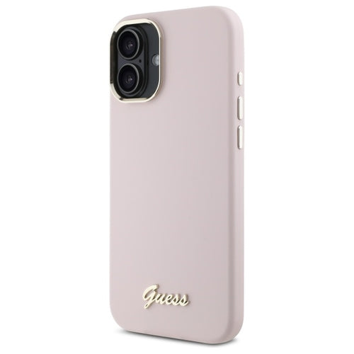 Guess Silicone Script Metal Logo & Frame iPhone 16 Plus Case - Pink