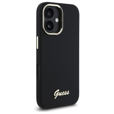 Guess Silicone Script Metal Logo & Frame Case for iPhone 16 - Black