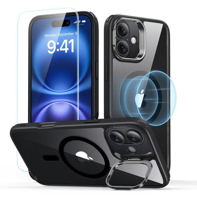 ESR Classic Hybrid Kickstand Halolock MagSafe Case Set + Tempered Glass for iPhone 16 - Black