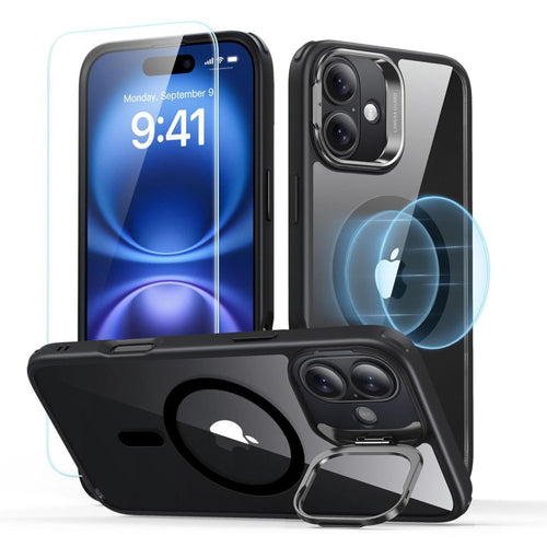 ESR Classic Hybrid Kickstand Halolock MagSafe Case Set + Tempered Glass for iPhone 16 - Black