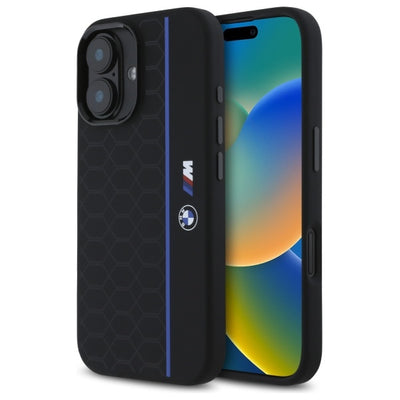 BMW Silicone Hexagon Blue Line MagSafe iPhone 16 Case - Black