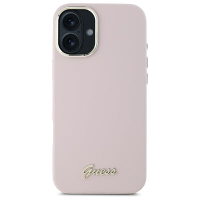 Guess Silicone Script Metal Logo & Frame iPhone 16 Case - Pink