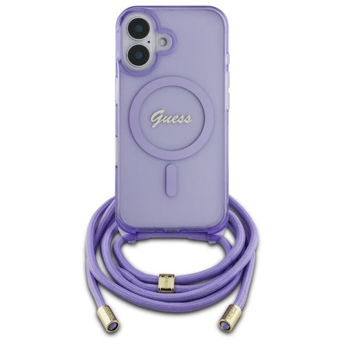 Guess Crossbody Cord Script MagSafe iPhone 16 Case - Purple