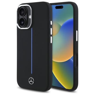 Mercedes Silicone Blue Stripe MagSafe iPhone 16 Case - Black