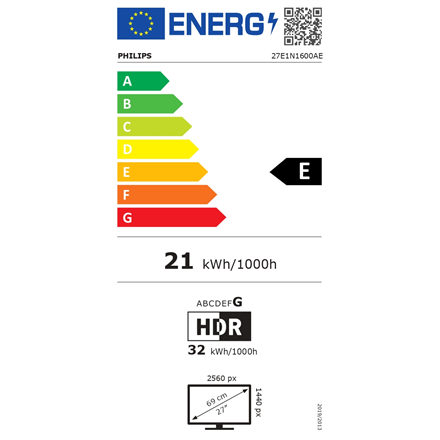 Philips | 27E1N1600AE/00 | 27 " | IPS | 16:9 | 100 Hz | 4 ms | 2560 x 1440 pixels | 350 cd/m² | HDMI ports quantity 1 |