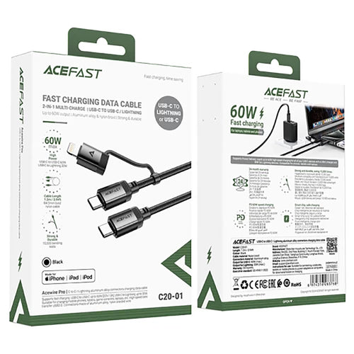 Acefast C20-01 USB-C - USB-C/ Lightning cable 60W/30W 480Mb/s 3A 1.2m - black