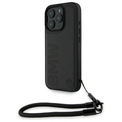 BMW Signature Leather Wordmark Cord Case for iPhone 16 Pro Max - Black