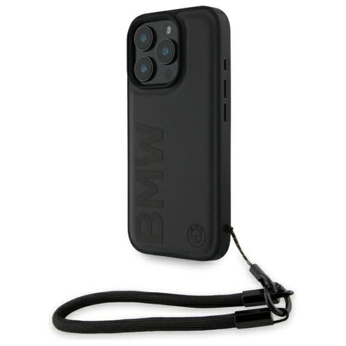 BMW Signature Leather Wordmark Cord Case for iPhone 16 Pro Max - Black
