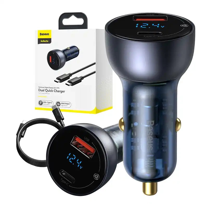 Ładowarka samochodowa Baseus Particular Digital Display z wyświetlaczem, USB + USB-C, QC3.0+PD, 5A, 65W (szara) + kabel USB-C 1m 100W (czarny) - Product Image 10