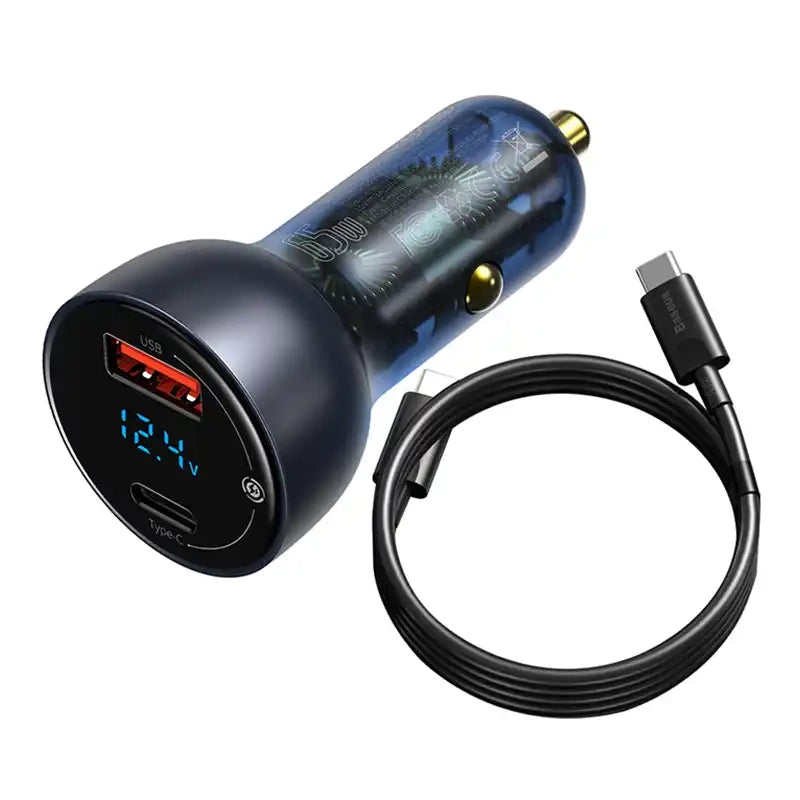 Ładowarka samochodowa Baseus Particular Digital Display z wyświetlaczem, USB + USB-C, QC3.0+PD, 5A, 65W (szara) + kabel USB-C 1m 100W (czarny) - Product Image 7