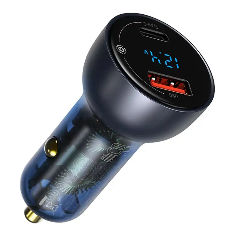 Ładowarka samochodowa Baseus Particular Digital Display z wyświetlaczem, USB + USB-C, QC3.0+PD, 5A, 65W (szara) + kabel USB-C 1m 100W (czarny) - Product Image 2