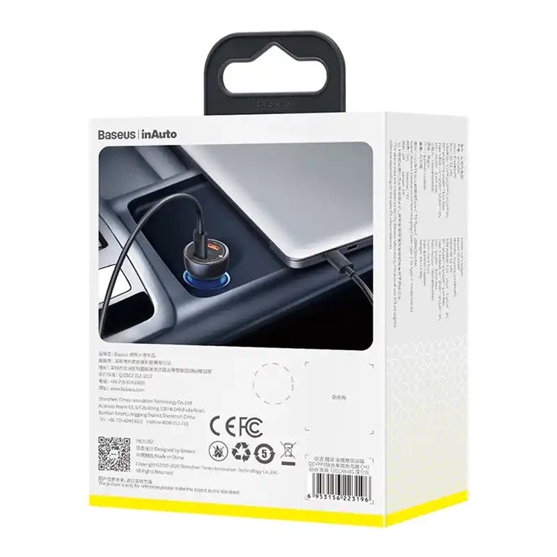 Ładowarka samochodowa Baseus Particular Digital Display z wyświetlaczem, USB + USB-C, QC3.0+PD, 5A, 65W (szara) + kabel USB-C 1m 100W (czarny) - Product Image 9