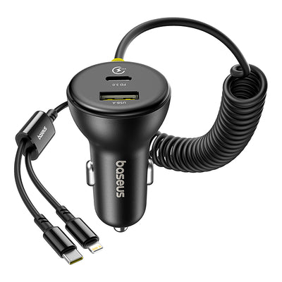 Baseus Circular 60W USB-A + USB-C Car Charger with Built-in Lightning + USB-C Cable 1.4m - Black