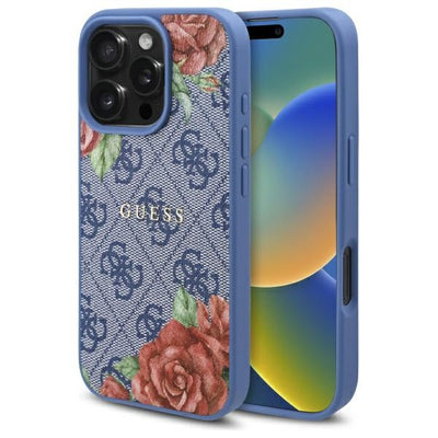 Guess 4G Flowers Print MagSafe case for iPhone 16 Pro - blue
