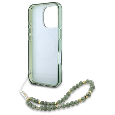 Guess IML Flowers Allover Electro With Pearl Strap MagSafe case for iPhone 16 Pro Max - green