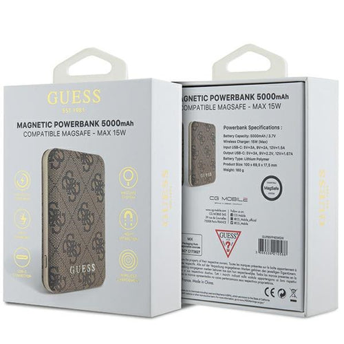 Guess Powerbank inductive 15W GUPB5FP4EMGW 5000mAh brown/brown 4G Leather Metal Logo MagSafe