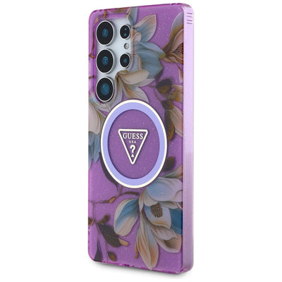 Guess Glitter Flowers Triangle Buttons MagSafe case for Samsung Galaxy S25 Ultra - purple