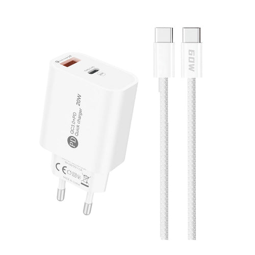 A6MaxL 20W USB-A USB-C wall charger with USB-C - USB-C 1m cable - white — Hurtel