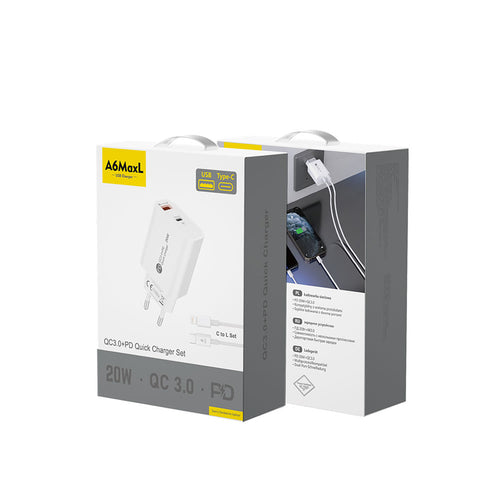 A6MaxL 20W USB-A USB-C Wall Charger with 1m USB-C - Lightning Cable - White — Hurtel