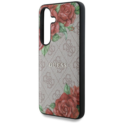 Guess Leather 4G Flowers Print Metal Classic Logo MagSafe Case for Samsung Galaxy S25 - Pink