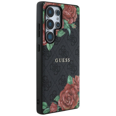 Guess Leather 4G Flowers Print Metal Classic Logo MagSafe Case for Samsung Galaxy S25 Ultra - Black