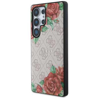 Guess Leather 4G Flowers Print Metal Classic Logo MagSafe Case for Samsung Galaxy S25 Ultra - Pink