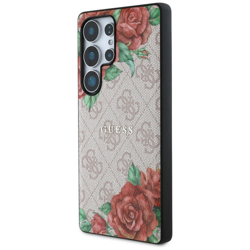 Guess Leather 4G Flowers Print Metal Classic Logo MagSafe Case for Samsung Galaxy S25 Ultra - Pink