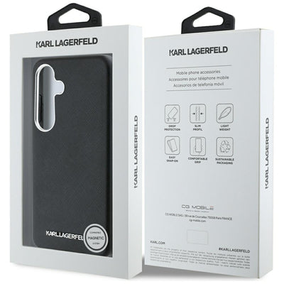 Karl Lagerfeld Saffiano Full Wrapped Elongated Metal Logo MagSafe Case for Samsung Galaxy S25+ - Black