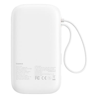 Baseus QPow 2 20000mAh 30W Power Bank with 2 Built-in USB-C Cables - White