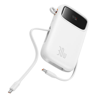 Baseus QPow 2 20000mAh 30W Power Bank with 2 Built-in USB-C Cables - White
