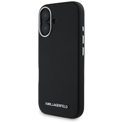 Karl Lagerfeld Saffiano Full Wrapped Elongated Metal Logo MagSafe Case for iPhone 16 - Black