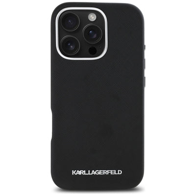 Karl Lagerfeld Saffiano Full Wrapped Elongated Metal Logo MagSafe iPhone 16 Pro Case - Black