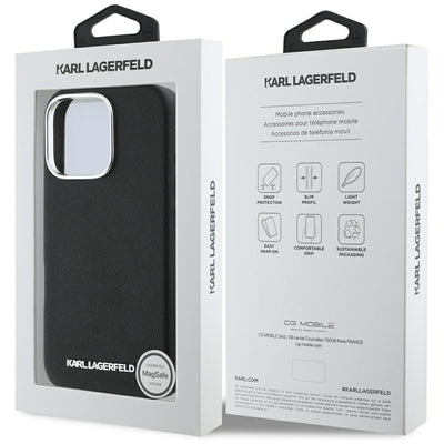 Karl Lagerfeld Saffiano Full Wrapped Elongated Metal Logo MagSafe Case for iPhone 16 Pro Max - Black