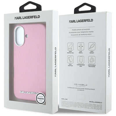 Karl Lagerfeld Saffiano Full Wrapped Elongated Metal Logo MagSafe iPhone 16 Case - Pink