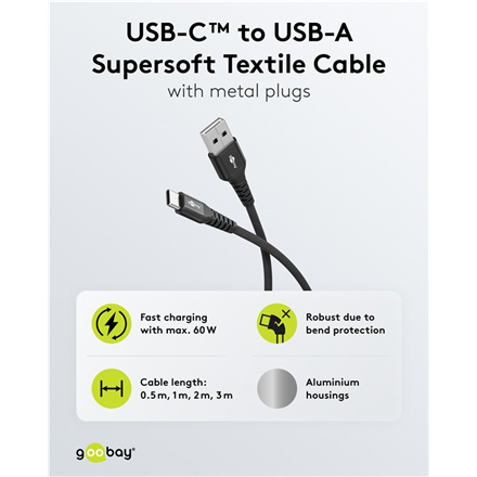 Goobay | USB-C to USB-A Supersoft Textile Cable with Metal Plugs | 74526 | USB-C to USB-A